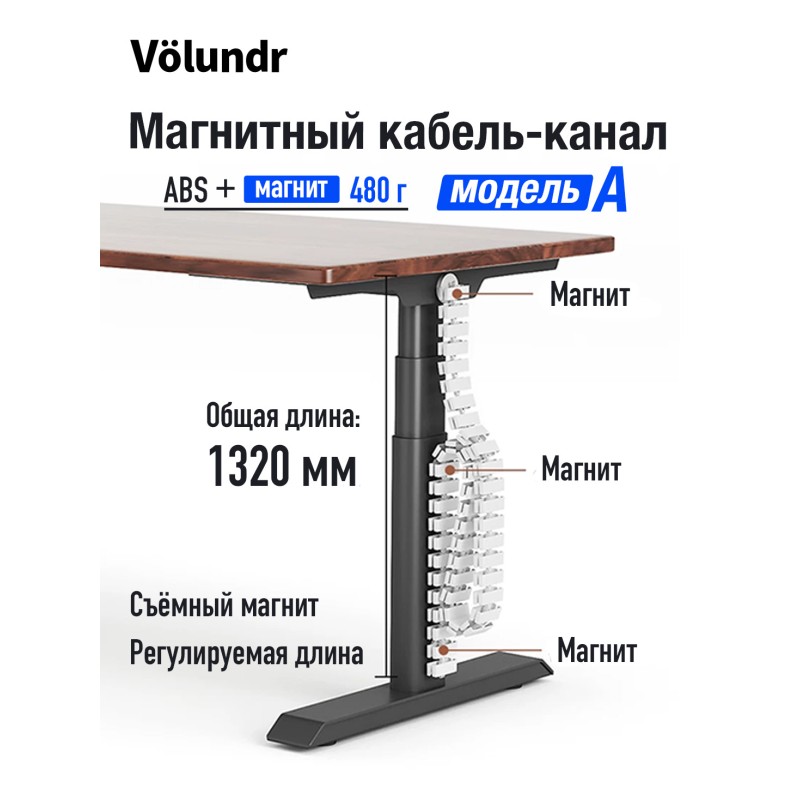Volundr Органайзер проводов под стол магнитный, разборный, ABS-пластик, 45 секций 60x20 мм, длина 1320 мм, простая установка, танковая цепь, Белый