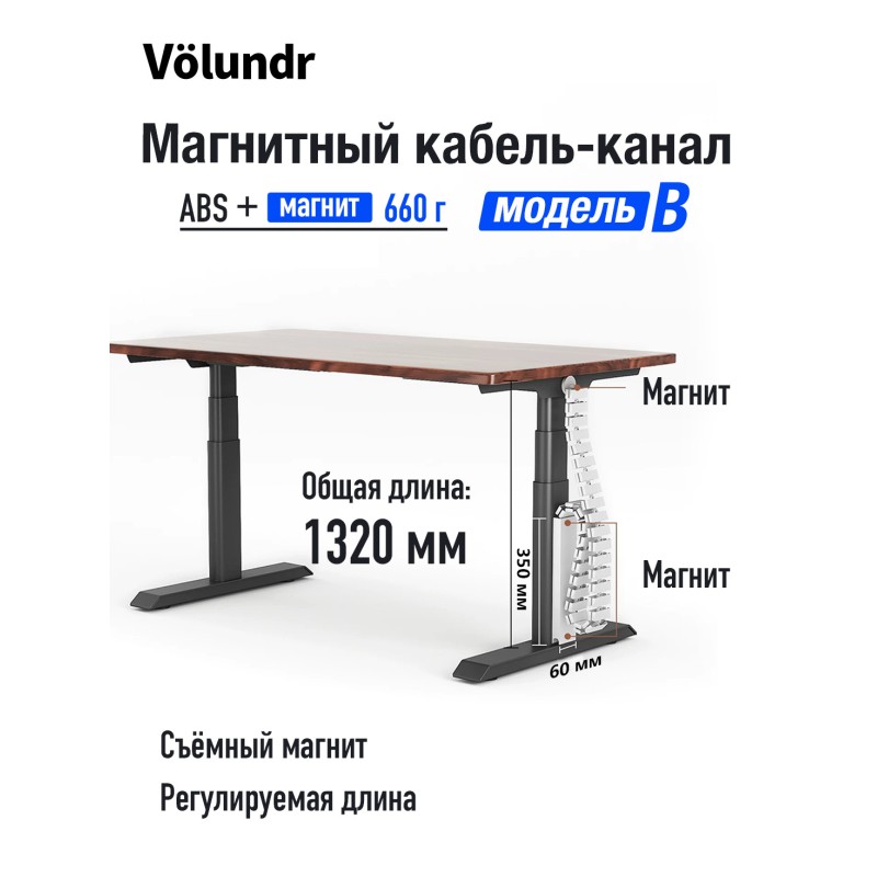 Volundr Органайзер проводов под стол магнитный, разборный, ABS-пластик, 45 секций 60x20 мм, длина 1320 мм, простая установка, танковая цепь, Белый